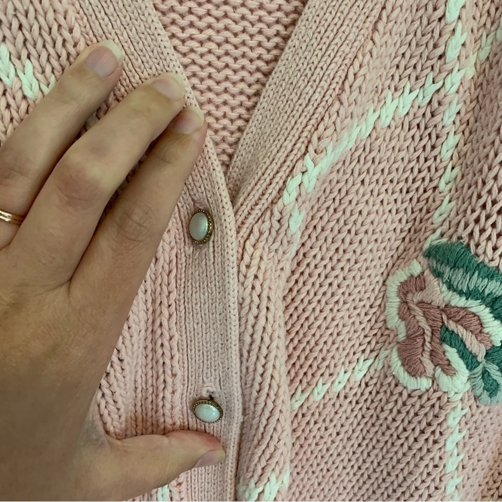 Women’s Vintage Lee David‎ Rose Floral Knit Cotton Grandma Sweater Blush Pink L - Picture 3 of 11